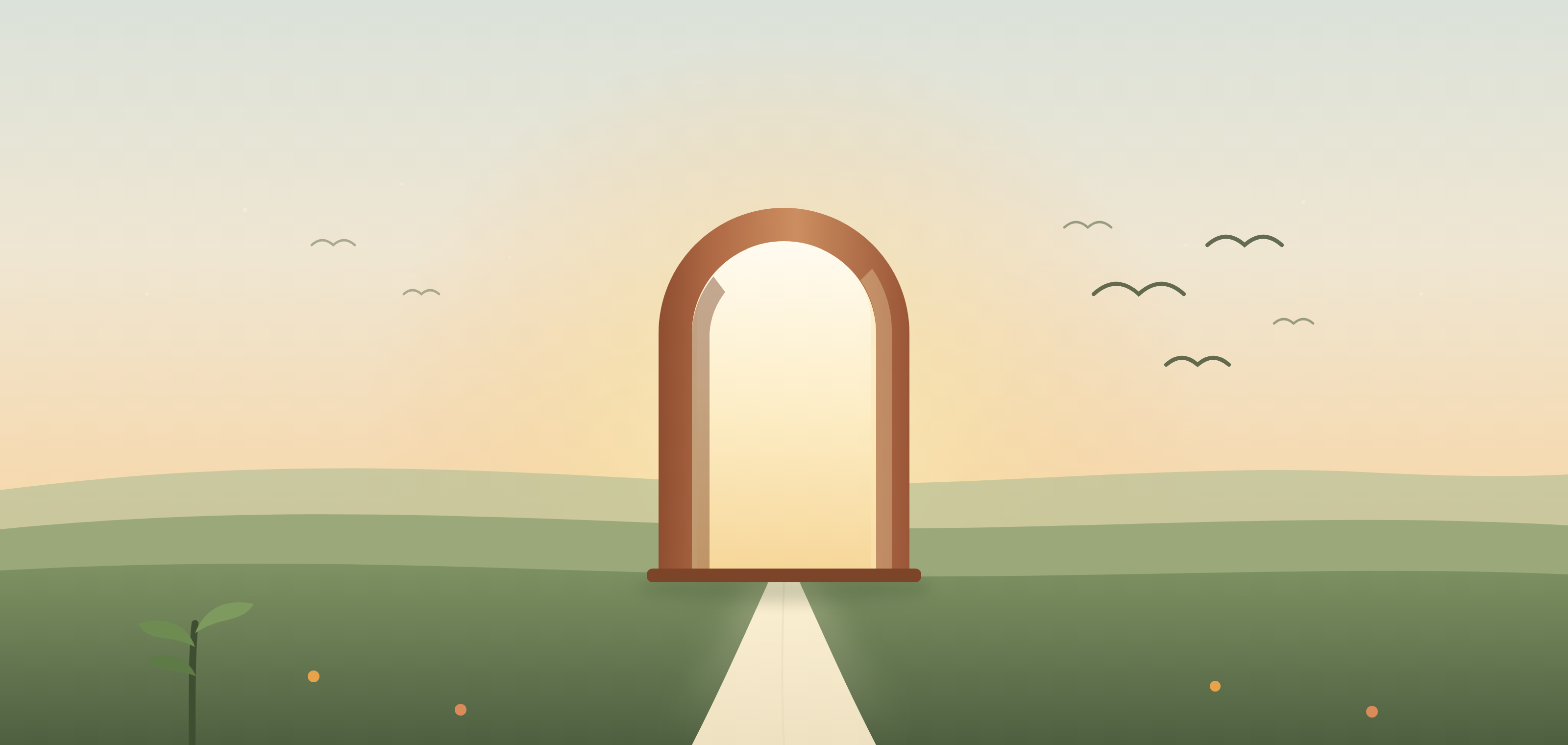 An open doorway glowing with sunrise light at the end of a gentle path, with birds rising into a dawn sky.